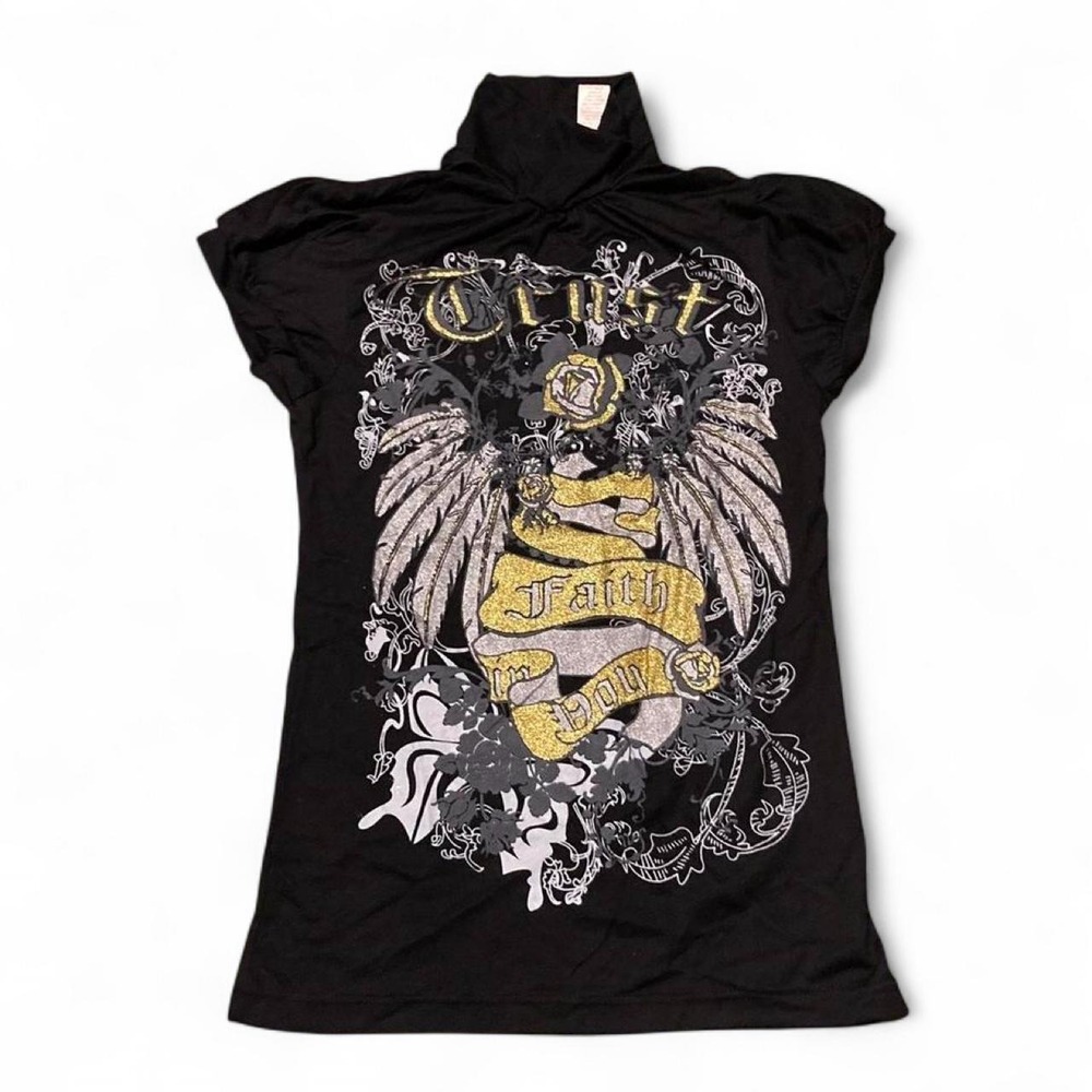 Vixen mock neck y2k style top cap sleeve vtg bling neck window L/15.5‎